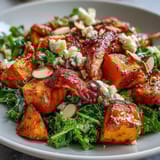 Fall Sweet Potato Harvest Bowl with sliced apples, toasted almonds, and a drizzle of balsamic vinaigrette.