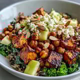 A colorful Fall Harvest Bowl featuring wild rice, massaged kale, fresh apple, and celery with a tangy dressing.
