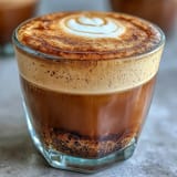 A soothing Hojicha Macchiato served in a cozy café setting, showcasing the deep brown roasted green tea base beneath a creamy milk cap. 