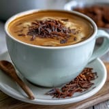 Close-up of a Hojicha Cortado, showing its rich, roasted tea hue and velvety milk foam.