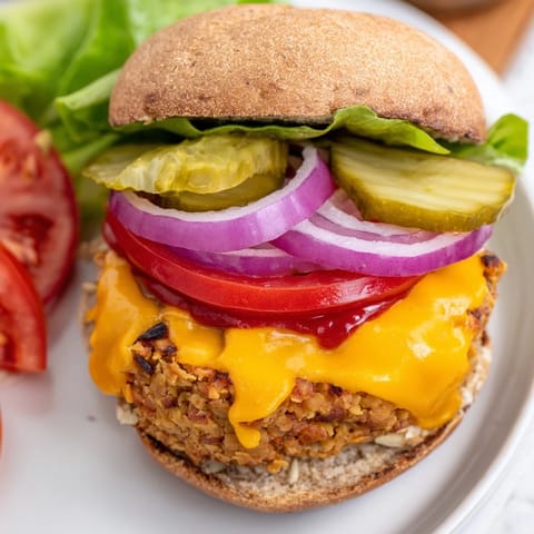 Juicy veggie burger on a toasted bun, layered with fresh tomato and crisp lettuce, ready to eat.
