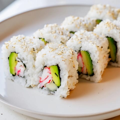 Vibrant California Roll slices showcasing fresh avocado, crab, and cucumber, ready to be enjoyed.