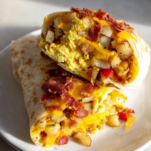 A close-up of a warm, fully-loaded breakfast burrito ready to enjoy with salsa and a side.