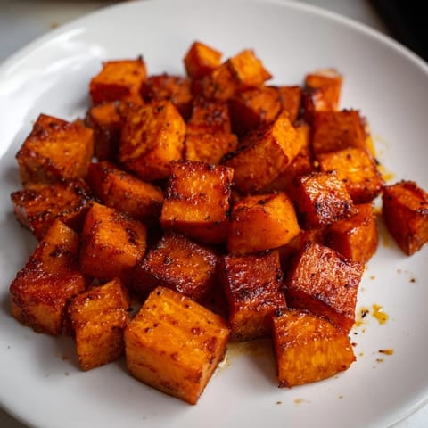 Oven-roasted cubes of Roasted Sweet Potatoes, perfect for a vegan side or adding to salads and bowls.
