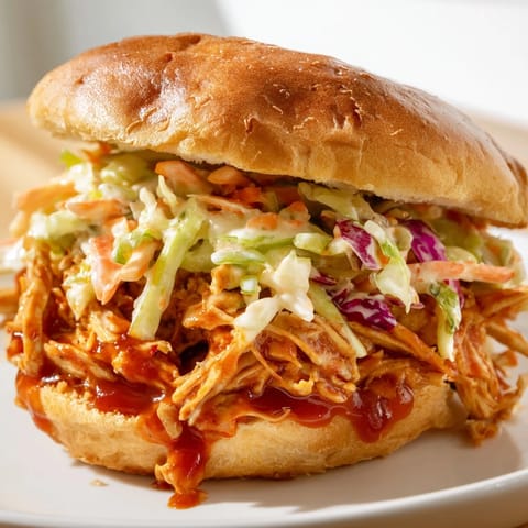 Gooey pulled chicken sandwich with tangy barbecue sauce piled onto a buttered brioche bun and crunchy slaw.  