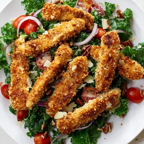Crispy Chicken Kale Salad features golden-brown chicken cutlets on a bed of fresh kale, tossed with cherry tomatoes and a tangy maple-Dijon dressing.