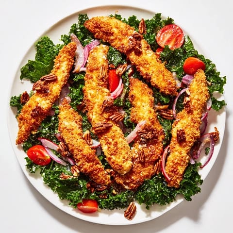 A hearty bowl of Crispy Chicken Kale Salad showcases juicy, crunchy chicken strips atop vibrant greens, finished with shaved Parmesan and toasted pecans.