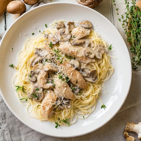 A close-up of Creamy Mushroom Chicken Spaghettini reveals golden chicken strips nestled in a light, garlicky mushroom cream sauce.  