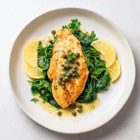 Sizzling Spinach Lemon Butter Chicken rests on a bed of tender spinach, garnished with fresh parsley and bright lemon slices.