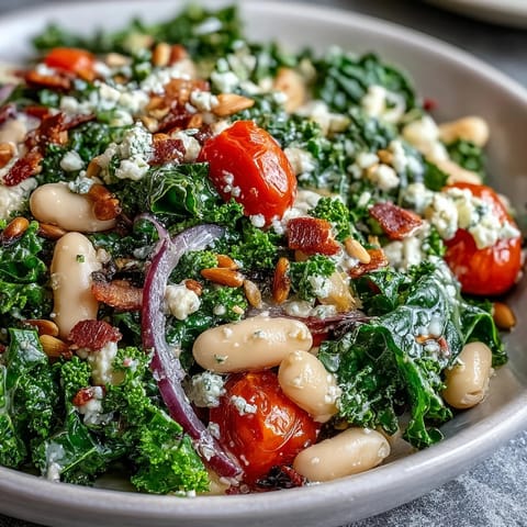 Bright White Bean and Kale Salad with juicy tomatoes and vibrant lemon dressing.