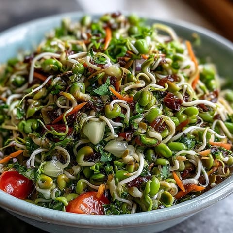 Freshly tossed Sprouted Seed Salad with colorful diced vegetables, crisp sprouts, and a bright lemon-olive oil dressing.