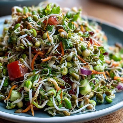A close-up of vibrant Sprouted Seed Salad, featuring crunchy mung bean and alfalfa sprouts in a light, zesty dressing.