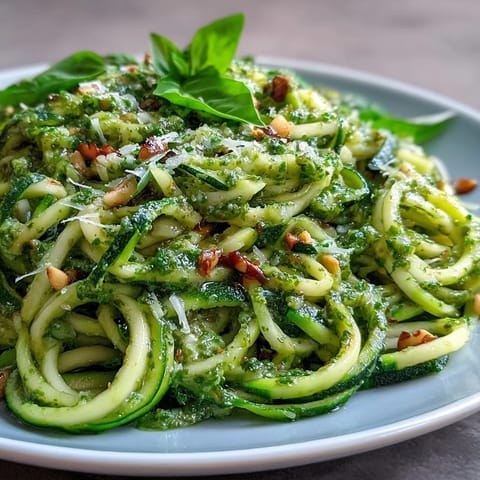 Close-up of Zucchini Noodles with Pesto, bright green, topped with Parmesan.