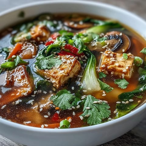 Steaming bowl of Tofu and Vegetable Soup, showcasing tender tofu and vibrant vegetables.