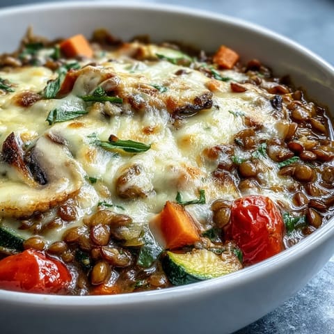 Savory baked green lentil and vegetable casserole, a delicious vegetarian comfort meal.