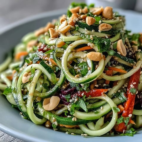 Fresh red cabbage and crisp cucumber noodles in a colorful, crunchy vegetable salad.