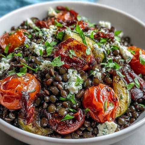 A close-up of Black Lentil Salad with Roasted Vegetables, showcasing glossy lentils alongside caramelized red peppers and zucchini.  
