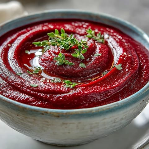 Earthy roasted beet soup swirled with cream in a white bowl and a spoon nearby.