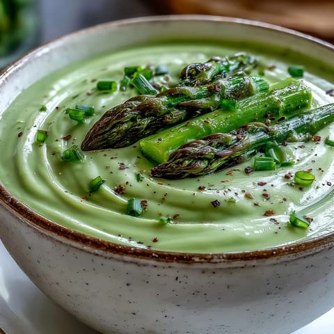 Freshly blended Asparagus Soup in a white bowl, featuring tender stalks and bright green garnish.