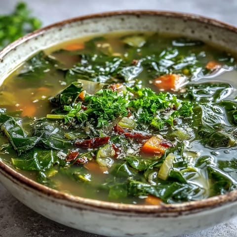 Freshly cooked Swiss Chard Soup with tender carrots and celery in a ladle, ready to serve.