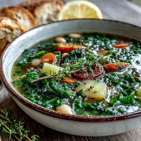 Hearty Kale Soup simmering in a pot, featuring carrots, potatoes, and a hint of lemon.