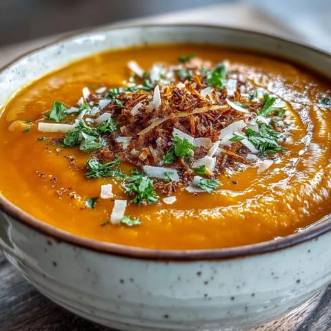 Velvety Carrot and Coconut Soup simmered with ginger and spices, topped with lime wedges and fresh herbs in a rustic ceramic bowl.