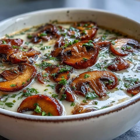 Hearty mushroom soup with rustic bread, rich umami flavors simmering on the stove.