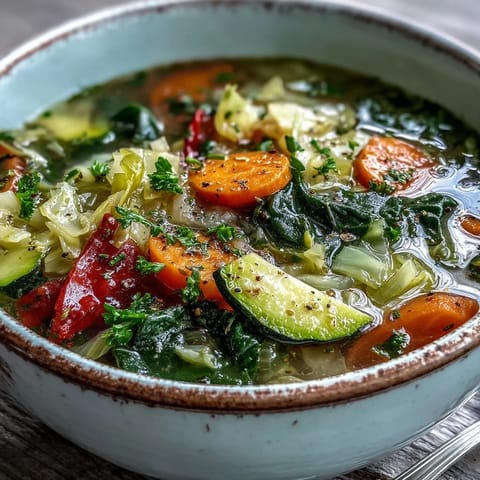 Steaming pot of homemade Cabbage Soup on a stovetop, simmering with chopped vegetables and herbs, ready to serve six generous portions.