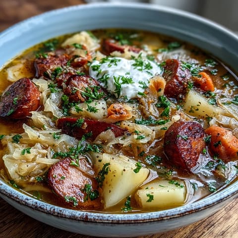 Close-up of Sauerkraut Soup simmering with sauerkraut, potatoes, and carrots in a rustic pot.