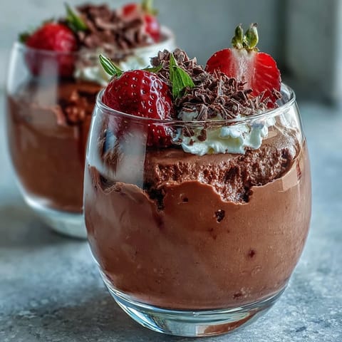 Rich chocolate ganache topping for a classic Chocolate-Covered Strawberry Mousse dessert in a clear cup. 