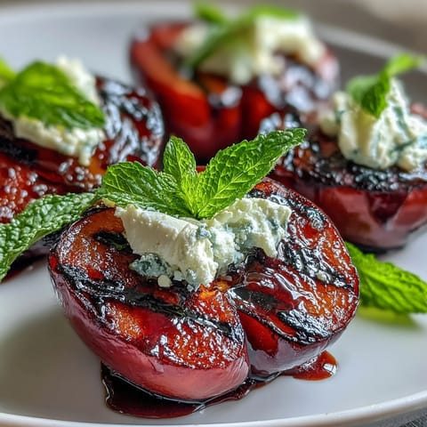 Grilled plums with goat cheese and balsamic glaze on a wooden board, garnished with fresh mint for a summer appetizer.