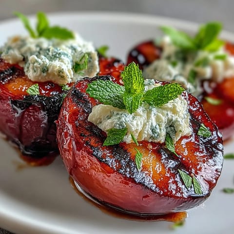 Balsamic-Goat Cheese Grilled Plums served warm from the grill, melting cheese and glossy glaze over caramelized plum halves.