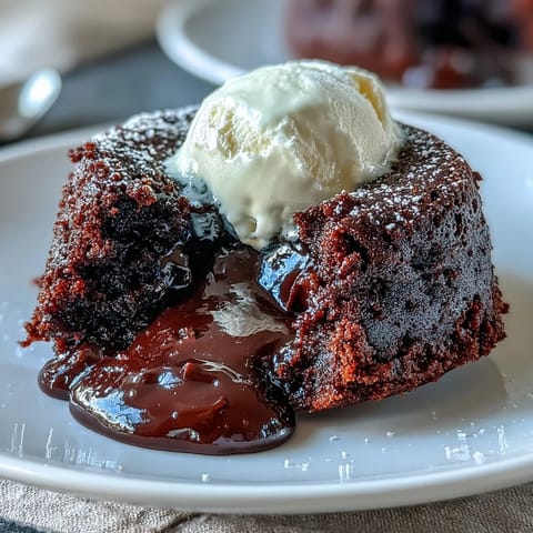 Warm Chocolate Lava Cakes with Espresso on white plates, showing rich molten chocolate center ready to be sliced open.