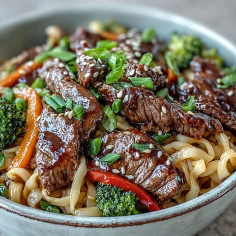 Hearty serving of Korean Beef Noodles tossed in a glossy sauce with tender steak and veggies.