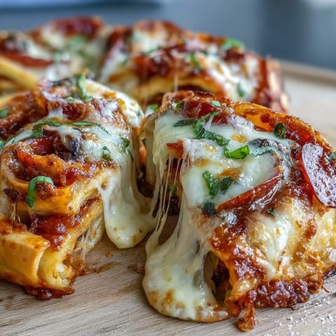 A close-up of Tortilla Pizza Rolls shows a gooey cheese pull and diced pepperoni, served warm with a small bowl of marinara for dipping.