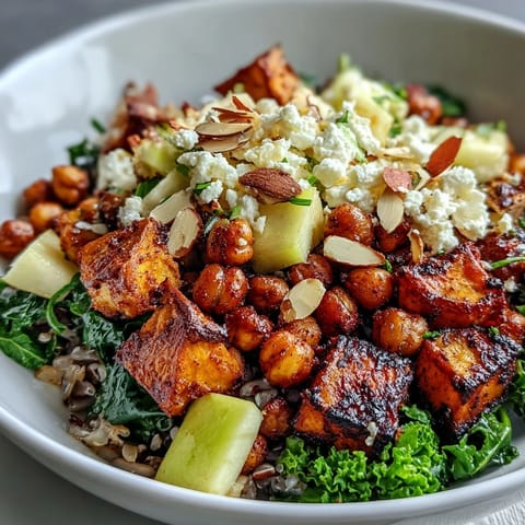 A colorful Fall Harvest Bowl featuring wild rice, massaged kale, fresh apple, and celery with a tangy dressing.