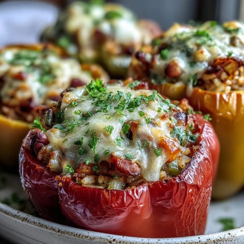 Four roasted bell peppers, golden and tender, are stuffed with savory black-eyed peas, rice, and herbs, served warm.
