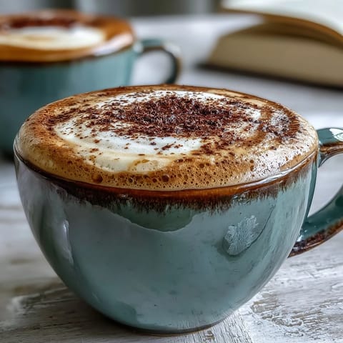 Creamy steamed milk and frothy foam top a warm Hojicha Cappuccino, offering a rich, nutty aroma.