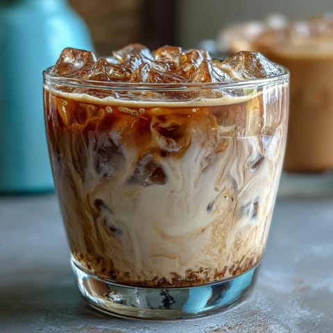 Iced Hojicha Latte served in a tall glass with ice, showing a beautiful layered look with creamy milk and dark roasted tea. The glass is sweating, indicating a cold, refreshing drink.