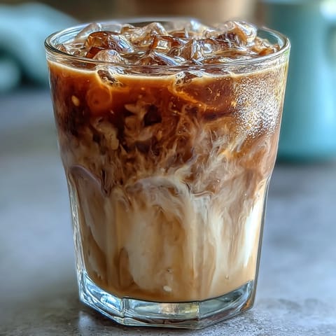 A close-up view of Iced Hojicha Latte in a clear tumbler, topped with a dusting of hojicha powder and a reusable straw.