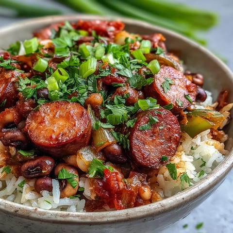 A hearty bowl of Black-Eyed Pea Jambalaya topped with sliced sausage, bell peppers, and a lemon wedge.