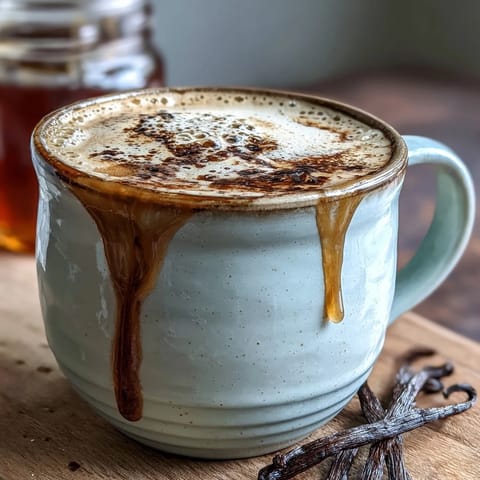 Warm Hojicha Latte with Vanilla Extract in a rustic ceramic mug, showcasing its deep brown, steamy surface.