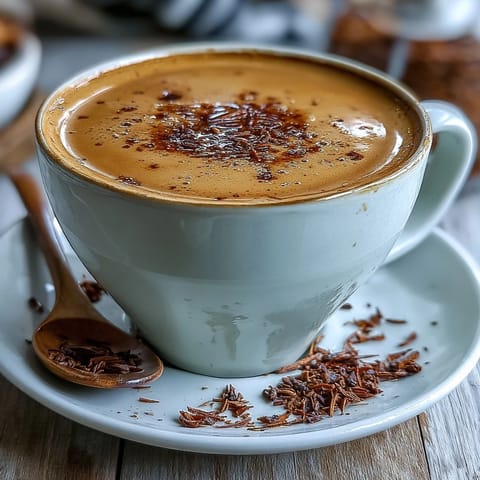 A warm Hojicha Cortado in a glass cup, layered with creamy steamed milk and a frothy top.
