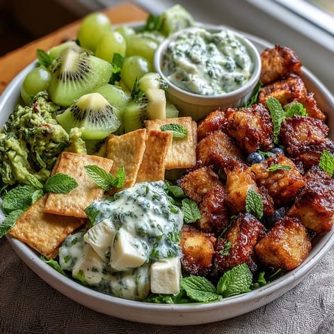 Festive St. Patrick's Day green food board featuring colorful fruits, vegetables, cheeses, and savory snacks.  
