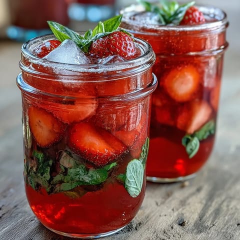 Strawberry Basil Lemonade Mocktail Pitcher: Refreshing summer drink with vibrant red strawberries, fresh green basil, and zesty lemon slices in a clear glass pitcher.