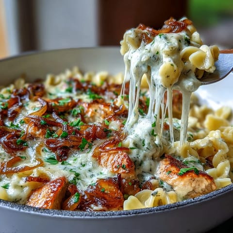 One-Pot French Onion Chicken Pasta with caramelized onions and melted Gruyère in a cozy skillet meal.