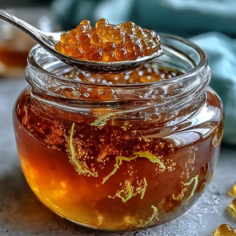 Vibrant dandelion jelly with lemon and honey glows golden in a glass jar, spreadable and floral on a slice of rustic bread.