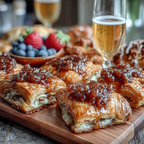 Vibrant Mothers Day brunch board with flaky pastries, fresh fruit, and mimosas for a festive morning spread.