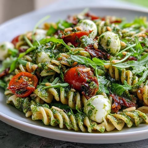 Fresh summer pasta salad with pesto, cherry tomatoes, and mozzarella, bursting with vibrant colors and fresh flavors for a light meal.