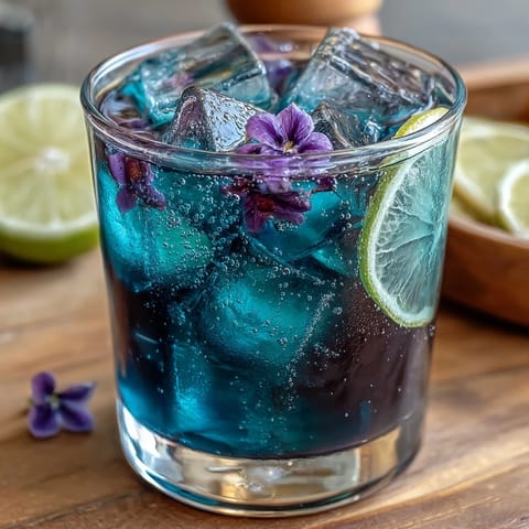 A mesmerizing glass of butterfly pea flower lemonade, shifting from deep blue to vibrant purple as citrus is added, served over ice with lemon slices.